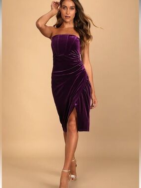Lulus Glamorous Celebrations Dark Purple Velvet Strapless Tulip Dress size small